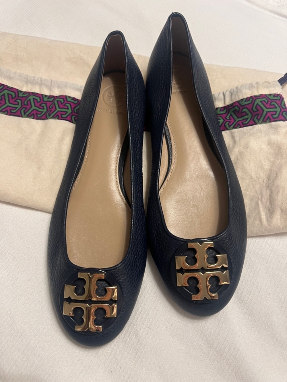 Tory Burch Navy Leather Logo Toe Ballet Flats with Gold Emblem